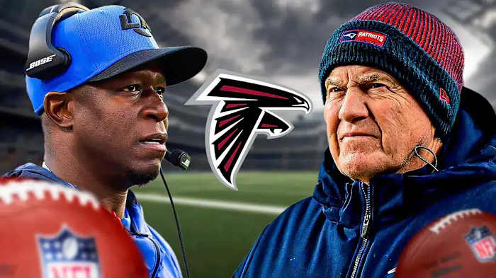 Los Angeles Rams defensive coordinator Raheem Morris (left) and former New England Patriots coach Bill Belichick (right).